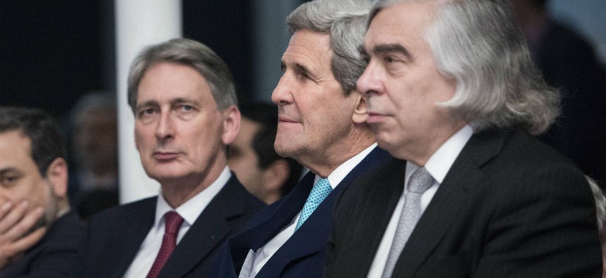 Energy Secretary Ernest Moniz (right) with Secretary of State John Kerry (center) and British Foreign Secretary Philip Hammond at nuclear weapons talks in Lausanne, Switzerland. 