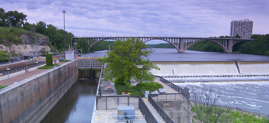 Lock and Dam No. 1 in Minnesota dams the Mississippi river.