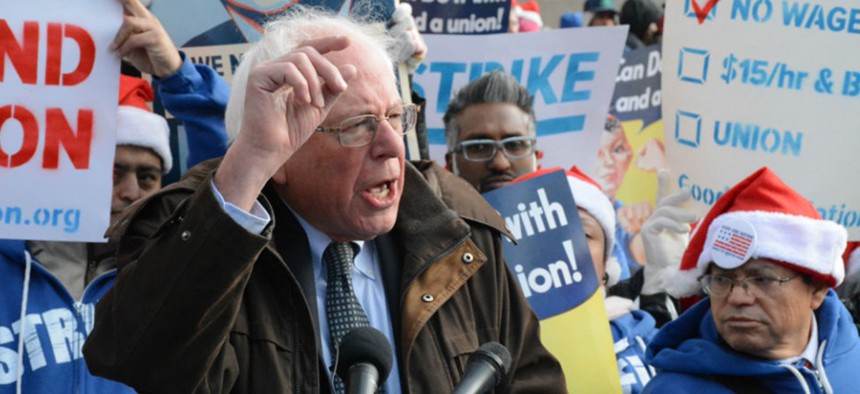 Sen. Bernie Sanders, I-Vt., speaks during a December 2014 protest seeking higher hourly wages for federal contract employees. 