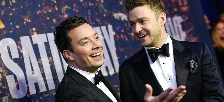 Jimmy Fallon, left, and Justin Timberlake attend the SNL 40th Anniversary Special in February