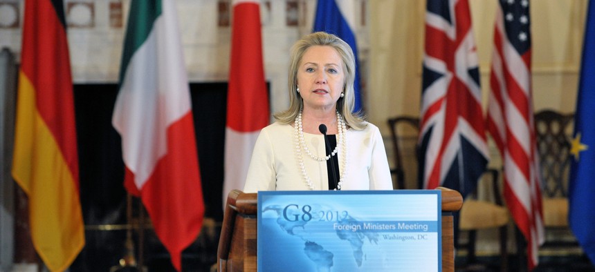 Clinton speaks at 2012 G8 event.