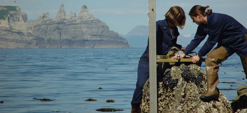NOAA employees install a tide gauge near Castle Cape, Alaska. NOAA was rated as the most responsive scientific agency. 