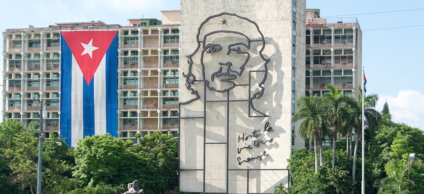Cuba's Ministry of the Interior building features an iron mural of Che Guevara. 