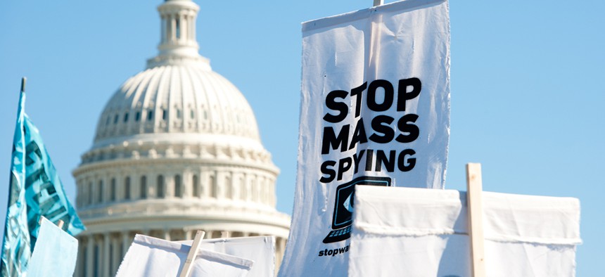 Protestors rally against NSA surveillance in Washington in 2013.