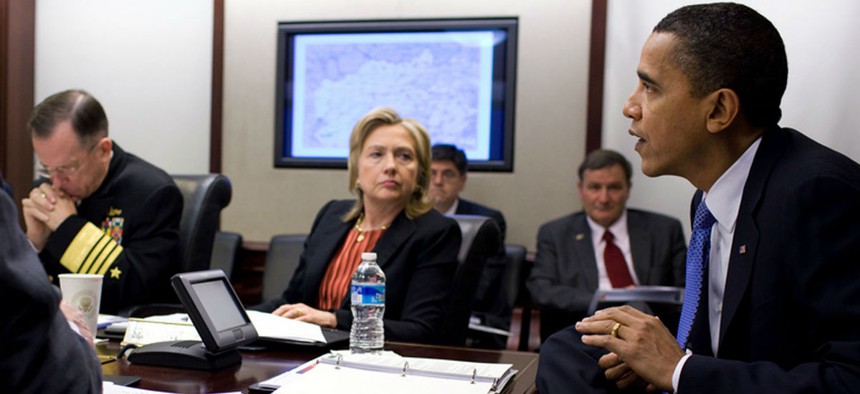 Then-Secretary of State Clinton meets with President Obama and his Afghanistan and Pakistan security team in 2010. 
