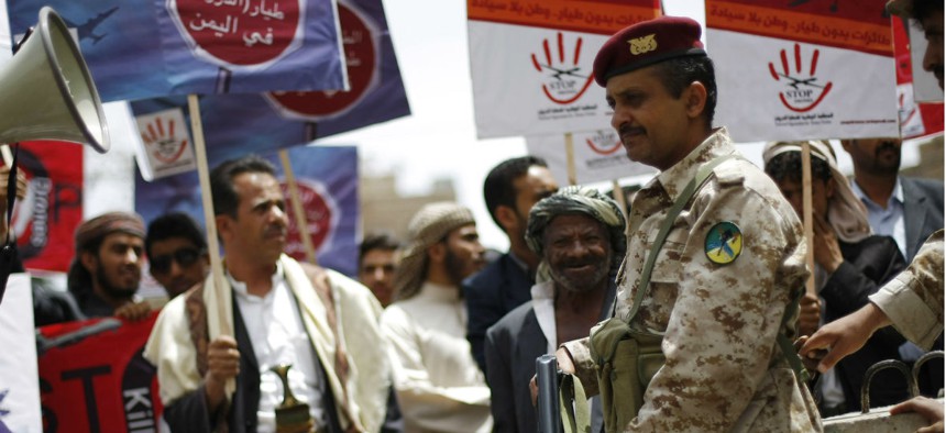 Yemenis protest American drone attacks. 