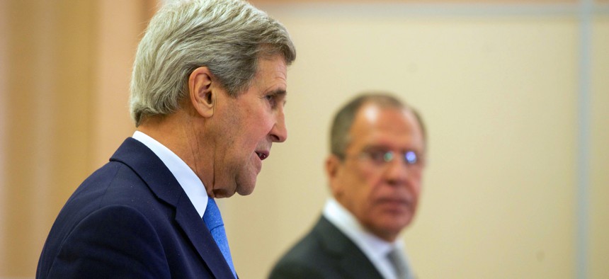 John Kerry addresses reporters as he and Russian Foreign Minister Sergey Lavrov held a news conference in Sochi Tuesday.
