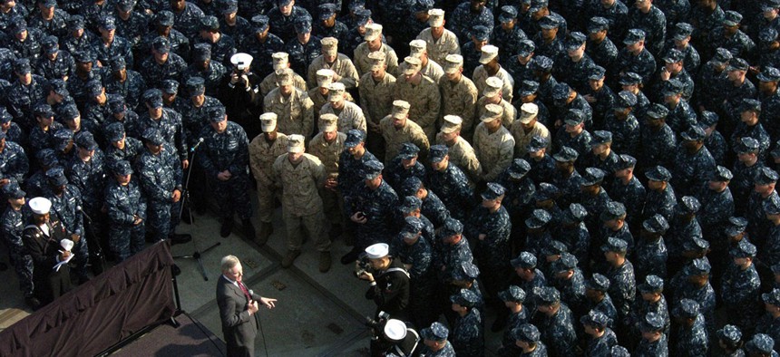 Ray Mabus speaks to sailors and Marines from units involved in Operation Tomodachi during an all-hands call in 2011.
