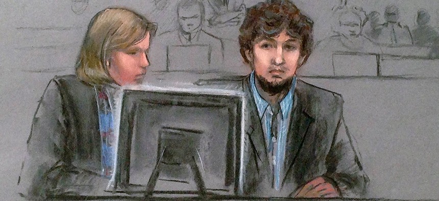 Dzhokhar Tsarnaev, right, and defense attorney Judy Clarke pay attention during the trial in this March courtroom sketch.