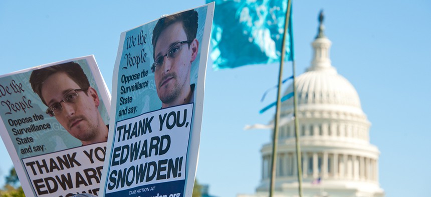 Protestors rally against NSA surveillance in 2013.