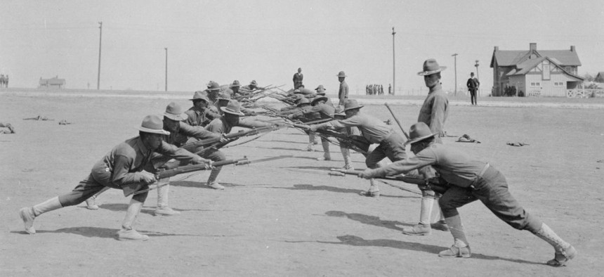 Bayonet practice at Camp Bowie in Fort Worth, Texas, in 1918.