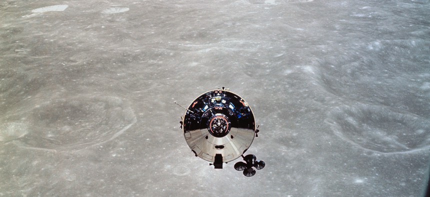 Apollo 10 command and service modules, as seen from the lunar module.