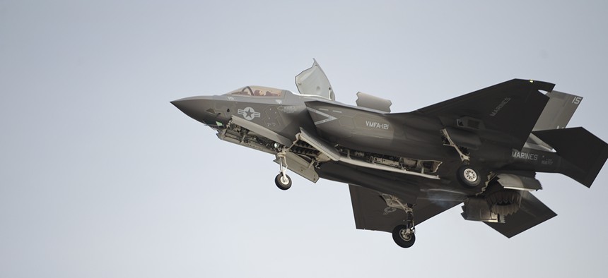 A F-35B Lightning II Joint Strike Fighter prepares to make a vertical landing in Arizona in 2013.