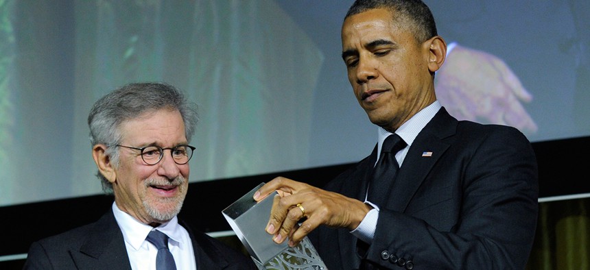 Steven Spielberg presented the USC Shoah Foundation's Ambassador for Humanity Award to Barack Obama in 2014.