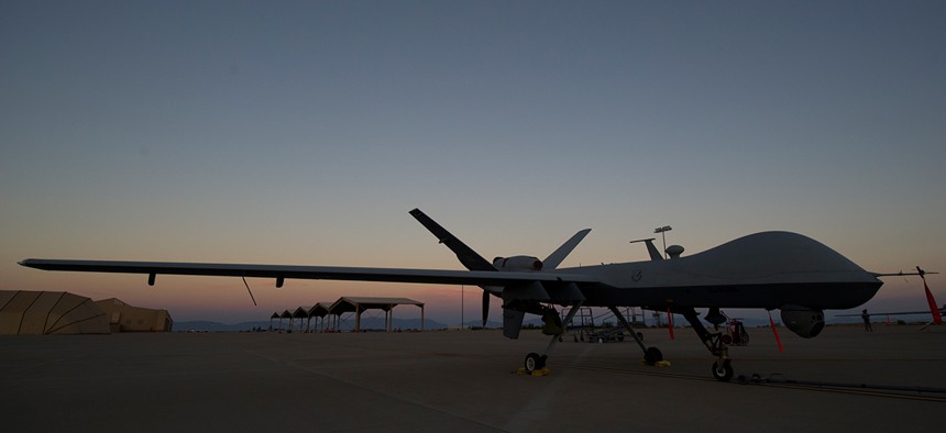 An MQ-9 Reaper sits at New Mexico's Holloman Air Force Base in 2014.