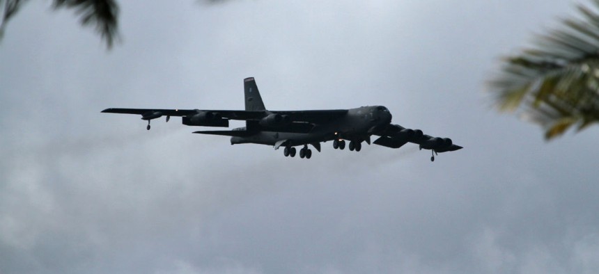 A B-52 Stratofortress strategic bomber conducts a training flight in Hawaii in 2014.