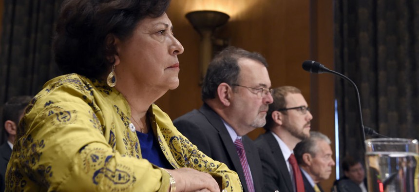 OPM and Homeland Security executives testify June 25. From left to right: OPM Director Katherine Archuleta, OPM CIO Tony Scott, DHS Assistant Secretary for Cybersecurity Andy Ozment, and OPM Inspector General Patrick E. McFarland.