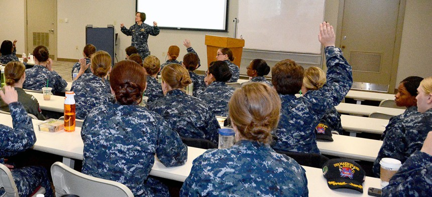 Female Navy officers attend a meeting in April in San Diego.