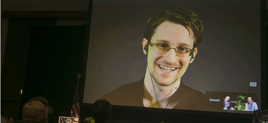 Edward Snowden appears on a live video feed from Moscow in February. 