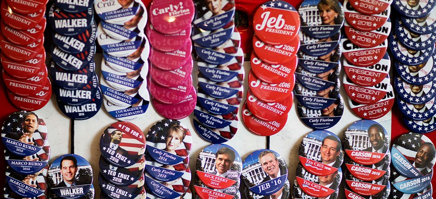 Campaign buttons are displayed for sale outside the Georgia Republican Convention floor in May in Athens.