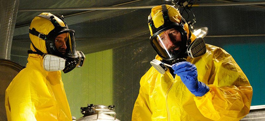 Jesse Pinkman (left) and Walter White baking meth in the AMC television series "Breaking Bad." Rep. Lamar Smith, R-Texas, said of the explosion at the federal facility: “Even Hollywood couldn’t have imagined this plot twist.”