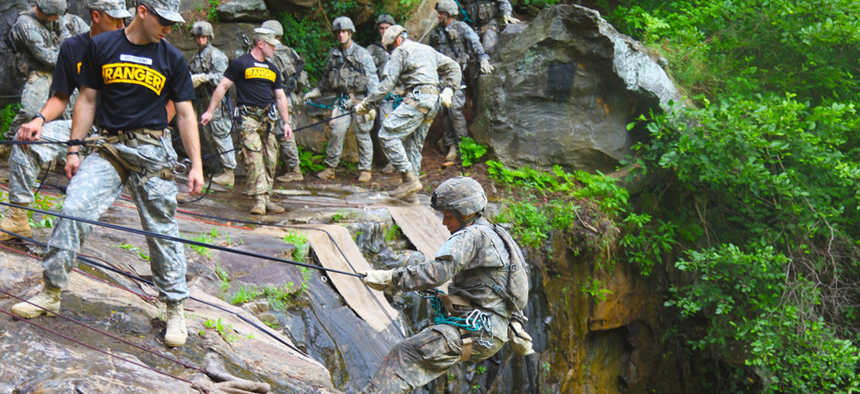 Soldiers participate in rappel training during the Ranger Course on Camp Merrill in Dahlonega, Ga.