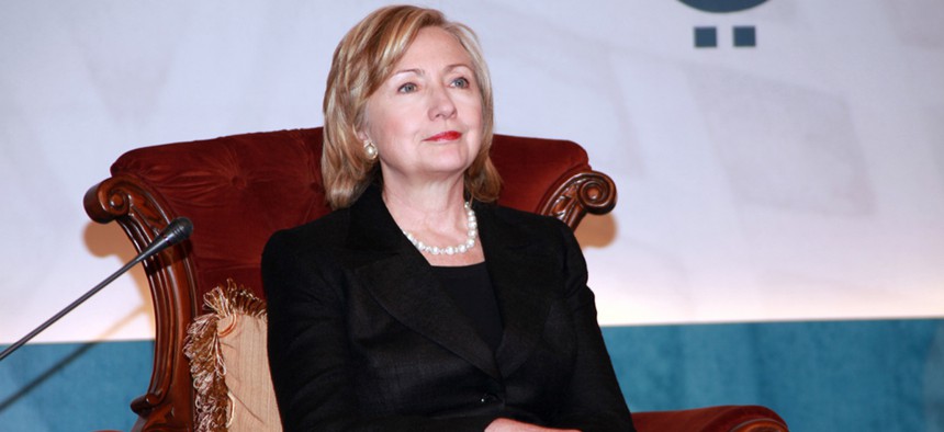 Clinton attends a meeting in Qatar in 2010 as Secretary of State.
