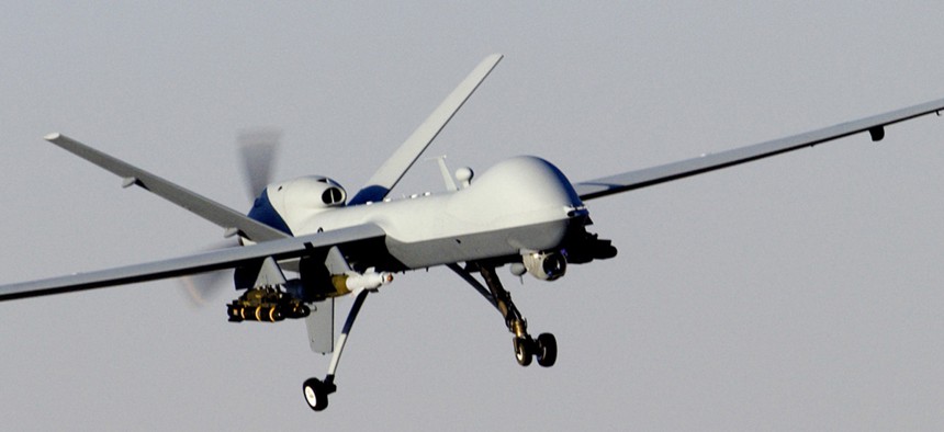 An MQ-9 Reaper prepares to land after a mission in support of Operation Enduring Freedom in 2007.