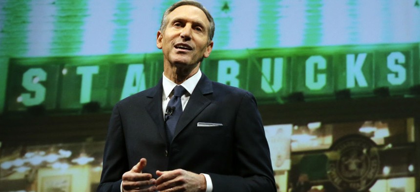Shultz speaks at the Starbucks' annual shareholders meeting in Seattle in March. 