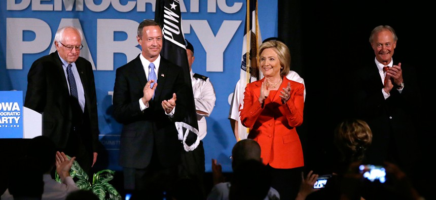 Bernie Sanders, Martin O'Malley, Hillary Rodham Clinton and Lincoln Chafee appear at the Iowa Democratic Party's Hall of Fame Dinner in July.