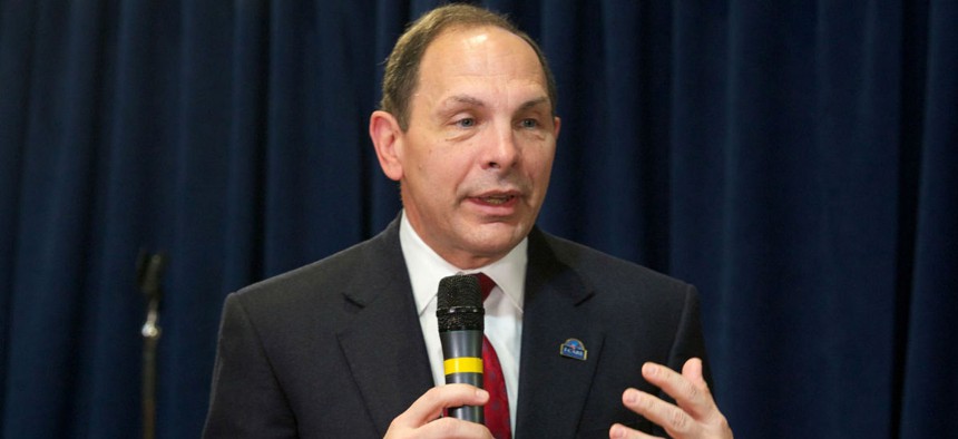 VA Secretary Bob McDonald speaks at a town hall meeting with employees last winter. The union allegedly created a list of executives it wanted McDonald to fire. 