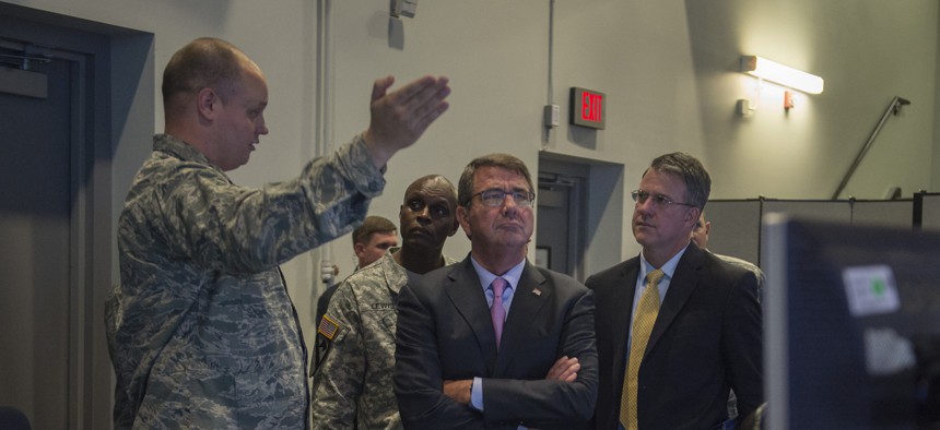   Secretary of Defense Ash Carter is given a tour of the Combat Operations Division as he visits Nellis Air Force Base Aug. 25.