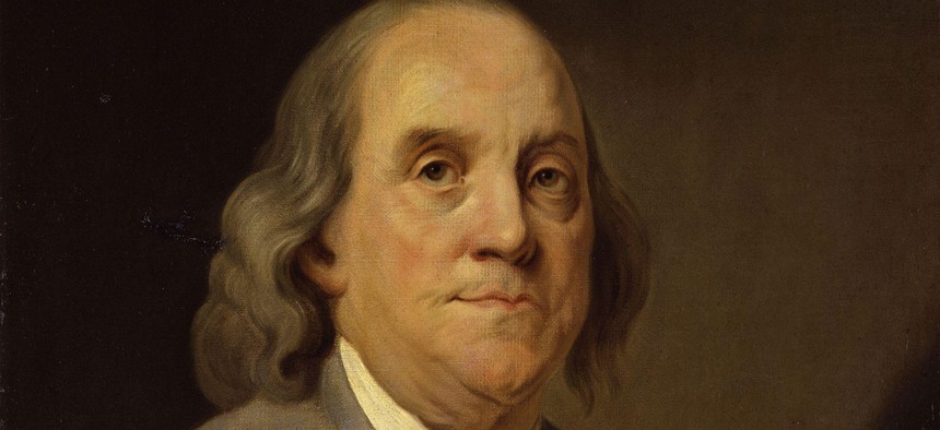 The Joseph Siffrein Duplessis portrait of Benjamin Franklin c. 1785, sits in the Smithsonian's National Portrait Gallery.