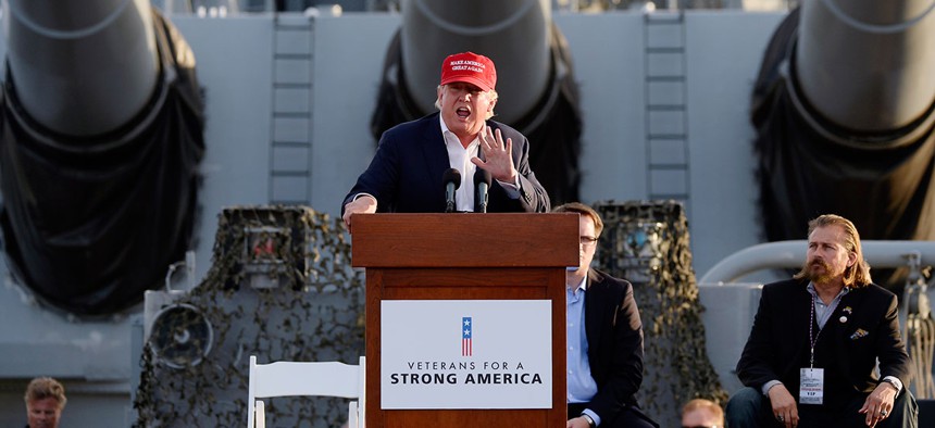 Donald Trump spoke during a campaign event aboard the USS Iowa battleship Tuesday.