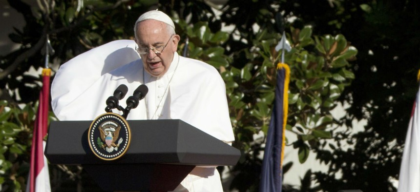 Pope Francis speaks on the south lawn of the White House Wednesday. 