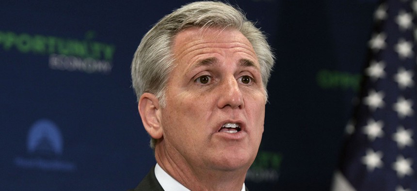 Kevin McCarthy addresses reporters in March.