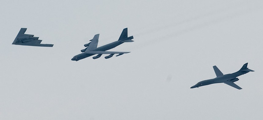 A B-2, B-52, and B-1 fly in formation over Shreveport, La., on May 10 during the Defenders of Liberty Airshow and Open House in 2008.