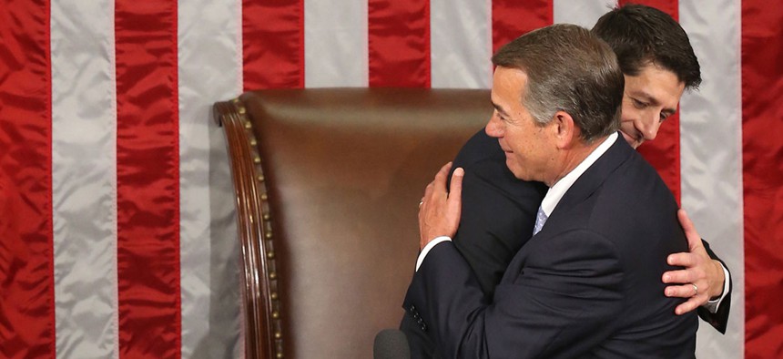 Paul Ryan and John Boehner embrace after Ryan's election Thursday.