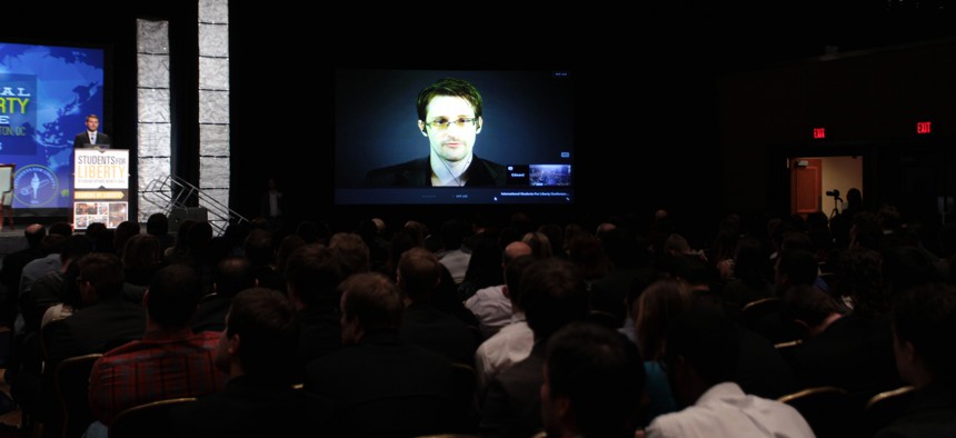 Edward Snowden spoke via videoconference with supporters at the 2015 International Students for Liberty Conference in DC in February.