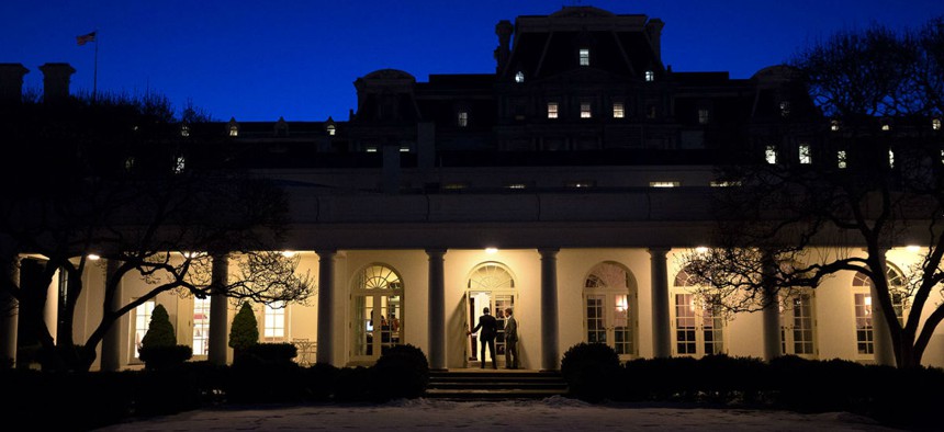 President Obama walks to the Outer Oval Office with Shaun Donovan, Director, Office of Management and Budget, Feb. 27, 2015.