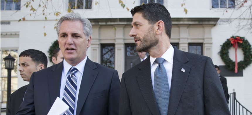 House Majority Leader Kevin McCarthy (left) and Speaker Paul Ryan leave a press conference after a GOP caucus meeting. 