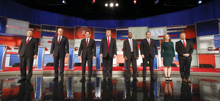 Republican presidential contenders take the stage for their Nov. 10 debate. 