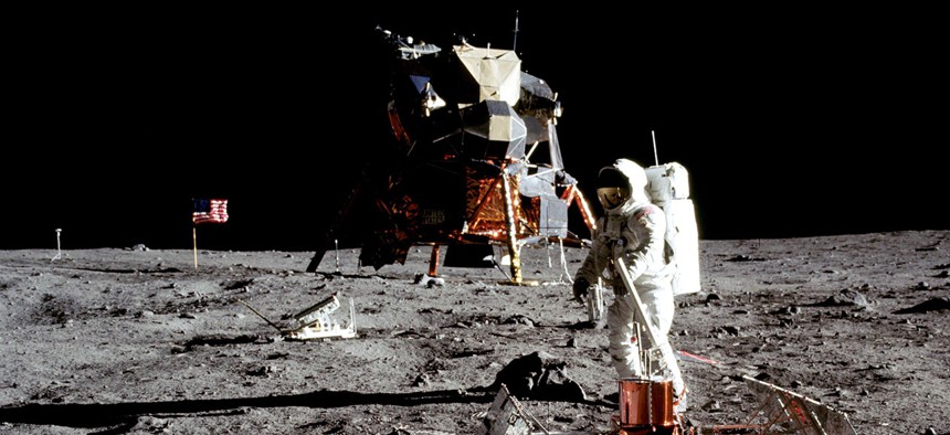 Apollo 11 astronaut Buzz Aldrin works on the moon in 2969.