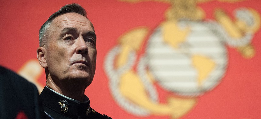 Marine Corps Gen. Joseph F. Dunford Jr., the 19th chairman of the Joint Chiefs of Staff, delivers remarks at the Boston Semper Fidelis Society Birthday Luncheon at the Boston Convention and Exhibition Center in Boston in November.