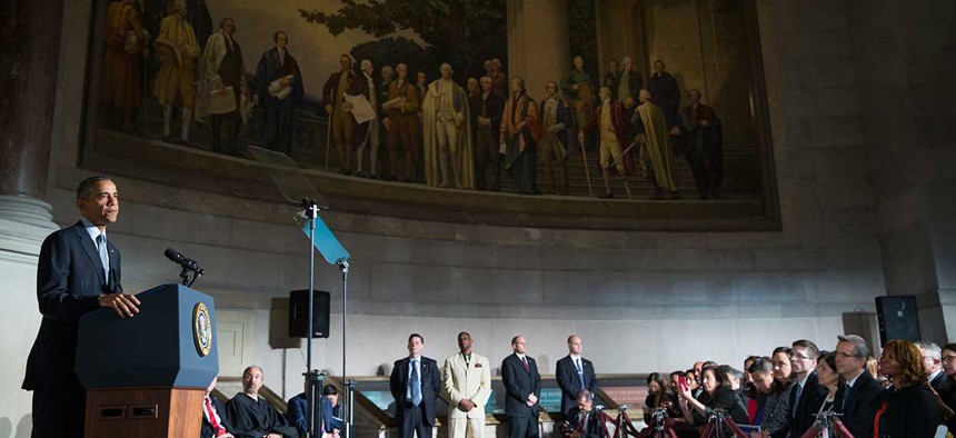 President Barack Obama speaks during a naturalization ceremony at the National Archives Tuesday in Washington.