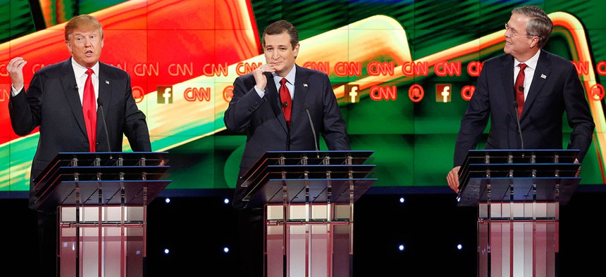 Donald Trump, Ted Cruz and Jeb Bush participate in the GOP debate Tuesday in Las Vegas.