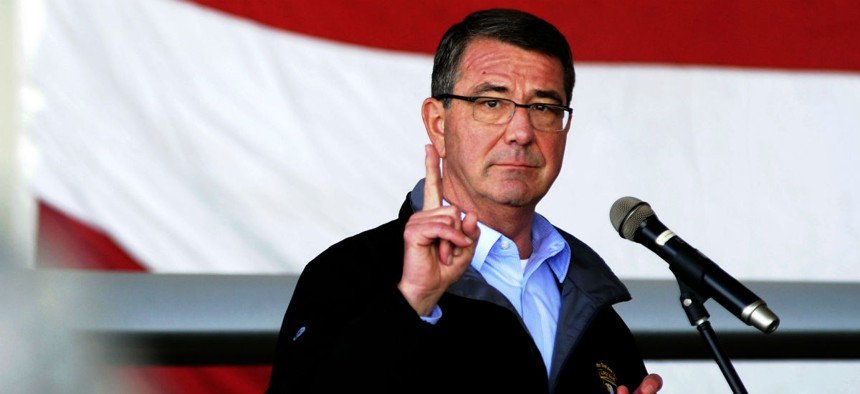 Defense Secretary Ashton Carter answers a question while talking to troops Dec. 15 at Incirlik Air Base, Turkey.