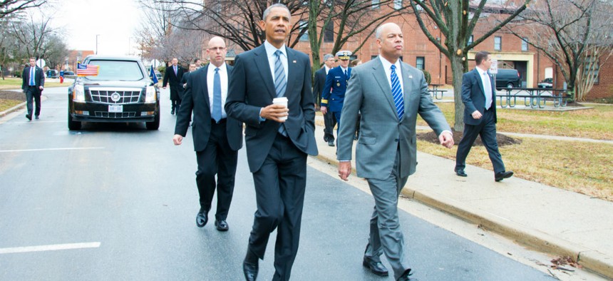 Obama arrives at DHS headquarters in February to deliver remarks on his proposed fiscal 2016 budget. 