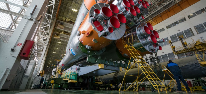 The Soyuz rocket and Soyuz TMA-19M spacecraft, assembled in Baikonur, Kazakhstan.