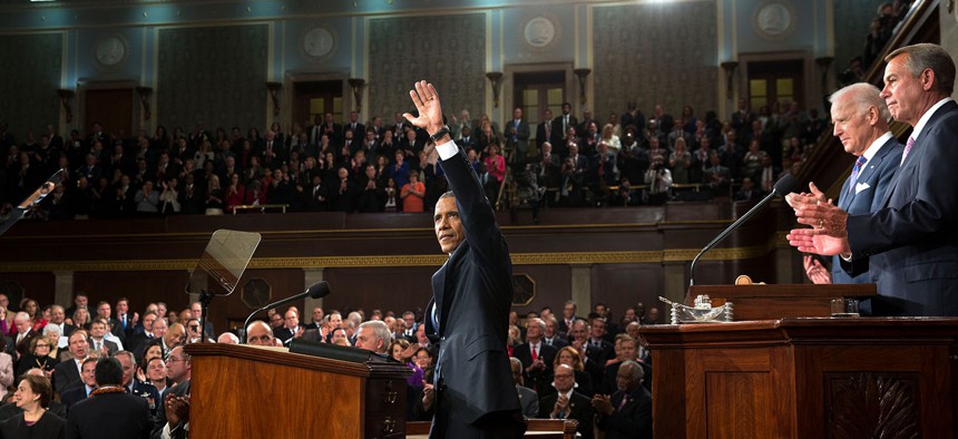 Obama waves before his 2015 State of the Union speech last January.